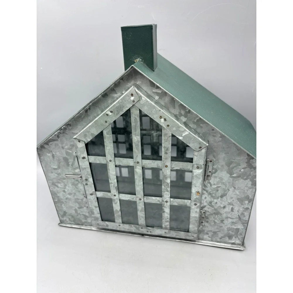 Galvanized Metal House Lantern‎ Green Roof Chimney Decorative Accent